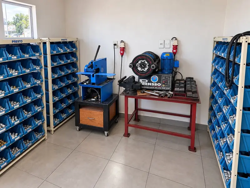 Sala de mangueiras com a prensa e as estantes de terminais
